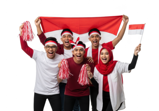 Enthusiastic indonesian supporters celebrate national pride with flags pompoms isolated on transparent background