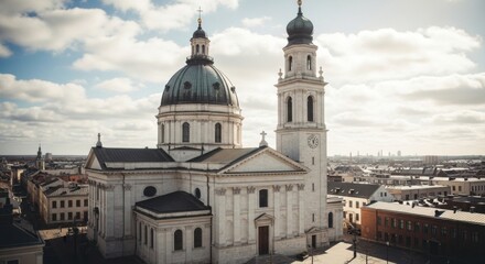 Fototapeta premium Historic Church with Dome and Tower in Urban Cityscape on Cloudy Day