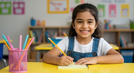 Happy young Indian girl student sitting at desk writing in notebook in classroom. Cute elementary school child learning, doing homework and smiling at camera.