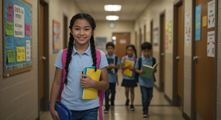 Portrait of a happy Asian elementary school girl with braids smiling in the hallway. Young student with backpack and books walking to class.
