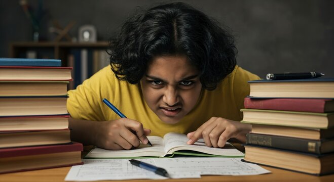 Frustrated Indian teenage boy studying hard at a desk with books. Angry student struggling with difficult homework, feeling exam pressure and stress.