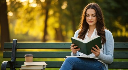 Obraz premium Serene young woman enjoying a book while sitting on a park bench. Peaceful outdoor scene with golden sunlight.
