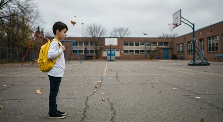 Sad lonely boy with a yellow backpack standing alone in an empty schoolyard. Childhood anxiety and social isolation concept.