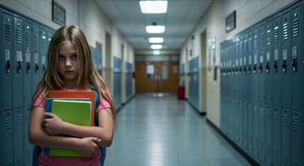 Obraz premium Anxious young girl feeling sad and lonely in an empty school hallway. Concept of bullying, depression, and social issues in childhood.