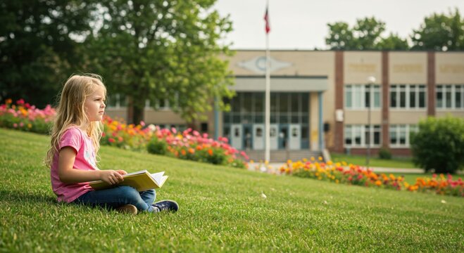 Young blonde girl reading a book on a grassy hill outside of her elementary school. Back to school and education concept.