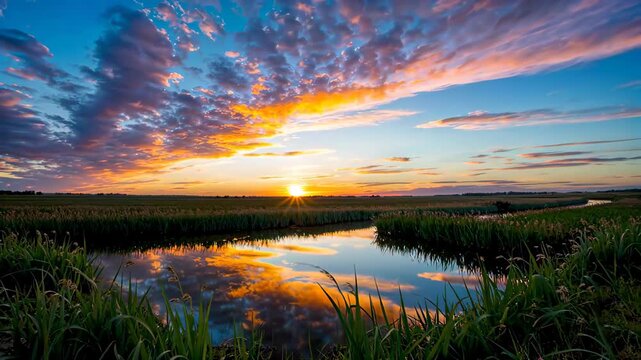 arafed view of a sunset over a marsh with a small pond