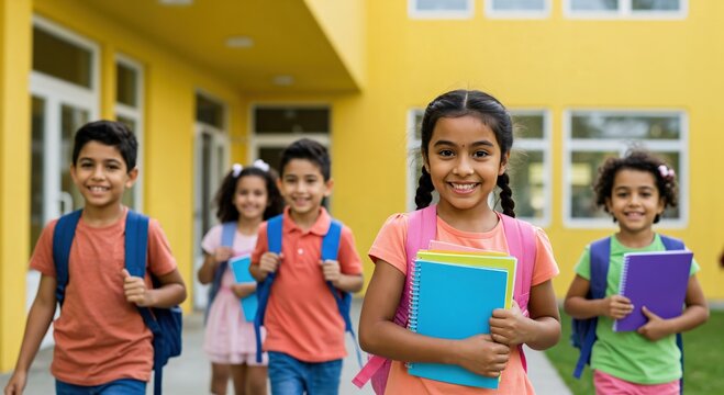 A group of happy and diverse elementary school children walking out of school. A smiling Indian girl in the foreground holds books and looks at the camera.