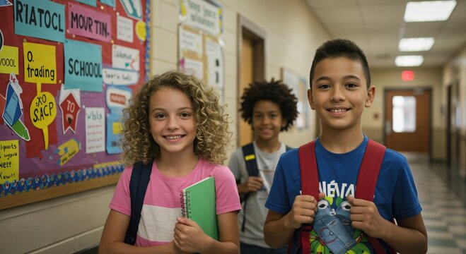 Diverse group of elementary school students smiling in the hallway. Happy children walking to class with backpacks. - Powered by Adobe