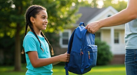 Father handing a school bag to his smiling daughter outside their house. Back to school concept.