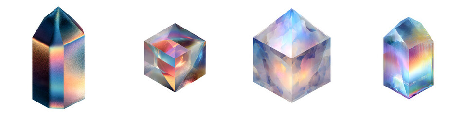 Colorful Crystal Gemstone Collection, Digital Art on White Background