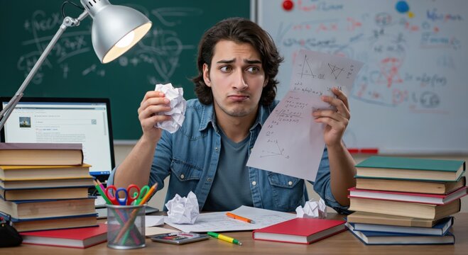 Confused college student feeling stressed while studying for a difficult exam, surrounded by books and crumpled paper. - Powered by Adobe