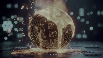 Close-up of a large metallic coin with detailed circuitry burning with sparks on a circuit board in an artificial light environment. - Powered by Adobe