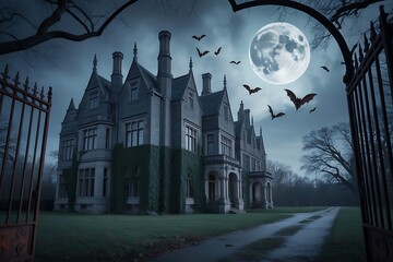 Fototapeta premium Spooky gothic mansion at night with full moon and flying bats for halloween celebration