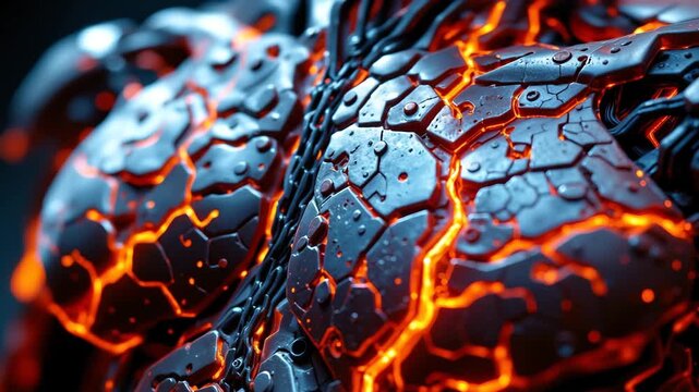 Molten Core Armor: Close-up view of intricate, glowing, metallic armor, with fiery patterns weaving through its solid structure, showcasing the intersection of technology and molten energy.