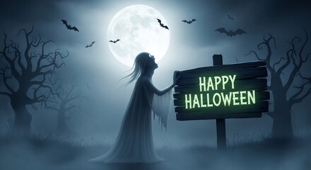 A ghostly figure stands next to a happy halloween sign under a full moon with bats flying around
