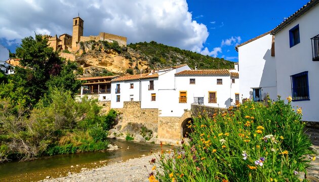 A picturesque village nestled beside a river, featuring traditional whitewashed buildings and vibrant flowers.
