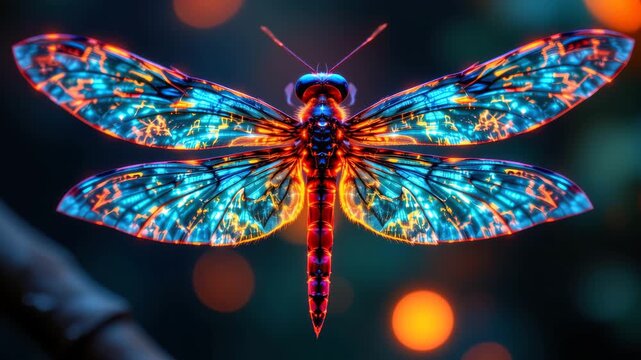 Illuminated Dragonfly in Nature: A vibrantly lit dragonfly with intricate wing patterns glows against the dark background, adding visual excitement and mystery to the scene