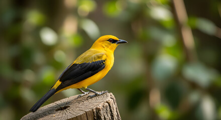 Naklejka premium Golden Beauty: A Vibrant Oriole Perched on Weathered Wood, Bathed in Soft Light, Showcasing Nature's Palette Against a Backdrop of Verdant Foliage in a Tranquil Setting
