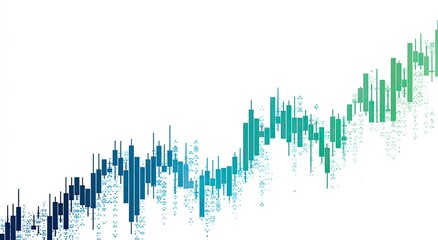 Abstract graphic of a rising stock chart.  Gradient colors from dark to light teal.  Many small vertical bars
