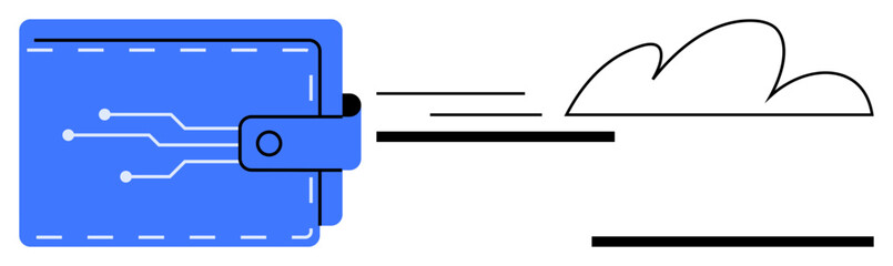 Blue wallet with electronic circuits and fast-moving lines connecting to a cloud. Ideal for finance, technology, data transfer, cloud storage, digital security, innovation, automation. Minimalist