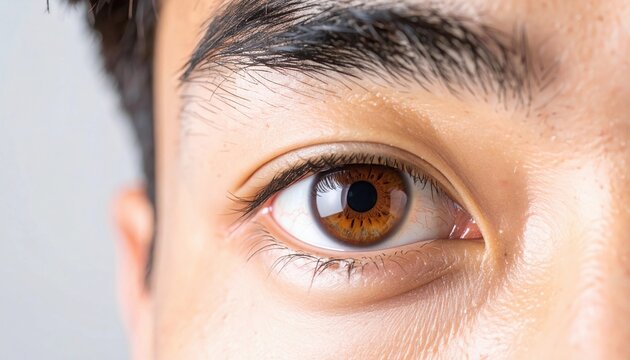 Extreme close-up of an Asian man’s brown eye, hyper-detailed iris and eyelashes, cinematic soft light, blurred neutral background
