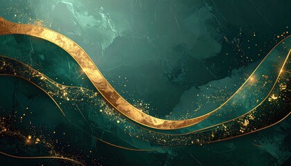 Abstract dark teal marble background with flowing golden ribbons and glitter accents