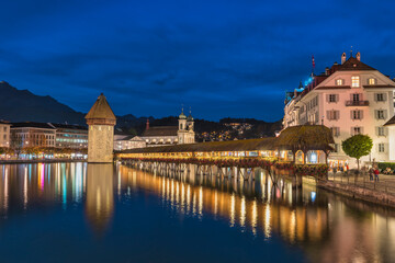 Lucerne (Luzern) Switzerland night city skyline at Chapel Bridge