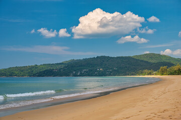 Tropical islands view with ocean blue sea water and white sand beach at Karon Beach, Phuket Thailand nature landscape