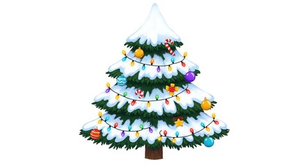 A festive cartoon Christmas tree covered in snow, adorned with colorful lights, baubles, and ornaments.