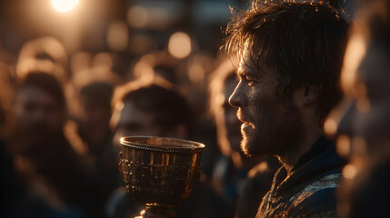 Player Holding Golden Trophy in Celebration on Pitch Surrounded by Enthusiastic Crowd in Warm Sunlight