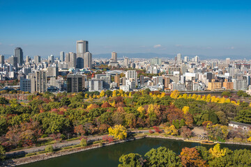 Fototapeta premium Osaka Japan, city skyline in autumn season