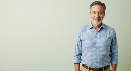 Fototapeta premium Smiling mature man in casual blue checkered shirt looking confident and approachable, grey hair and beard conveying experience and friendliness, standing against light green background