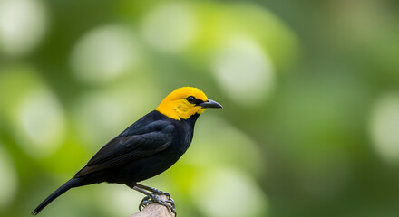Fototapeta premium Striking contrast: Yellow-headed blackbird perched against a lush green backdrop, its vibrant plumage a testament to nature's artistry and the beauty of avian wildlife in its natural habitat