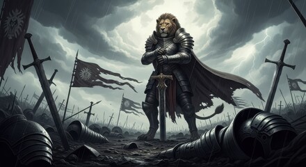 Fototapeta premium Lone knight stands victorious amidst a battlefield of fallen foes