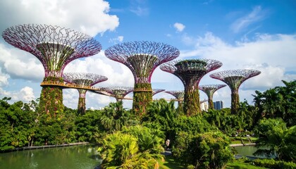 Fototapeta premium Futuristic tree-like structures rise above lush greenery and a serene waterway under a vibrant blue sky