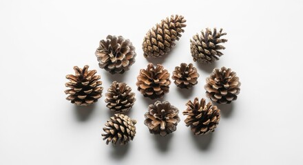 Natural Pinecones on White Background in Arranged Composition