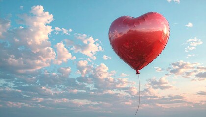A shiny red heart-shaped balloon floats against a pastel sunset sky dotted with fluffy clouds