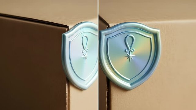 Iridescent shield seal adheres neatly across a kraft box seam; prismatic ripple glints and a subtle star spark signals verified packaging integrity