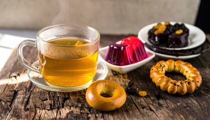 Steaming teacup, bagels, jelly, and chocolate fudge on rustic wood