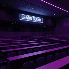 An empty lecture hall bathed in a violet glow. A large, rectangular neon sign with 'LEARN TODAY' in bold white letters hangs above the seats.