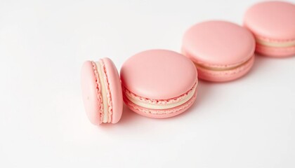 Fototapeta premium Three delicate pink macarons arranged in a row on a white background, gourmet, deliciousness