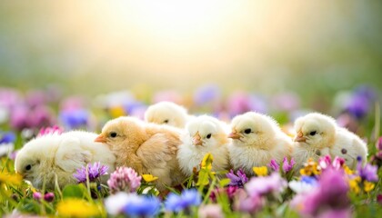 Seven fluffy yellow chicks nestled in a vibrant meadow of wildflowers, bathed in soft sunlight