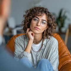 "A psychologist listening attentively during a therapy session. --