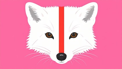 White fox head with a striking red stripe on a vibrant pink backdrop