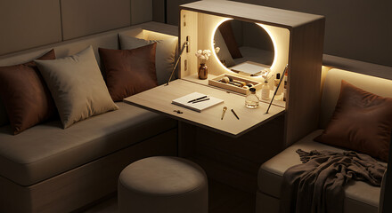 Fototapeta premium Elegant Compact Vanity Desk with LED Mirror in Modern Minimalist Interior Design