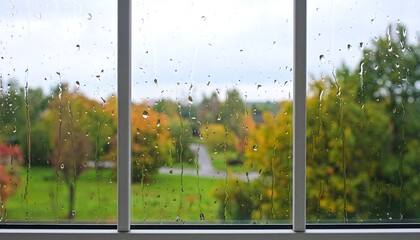 Naklejka premium A view of autumnal foliage through a window pane covered in rain drops.