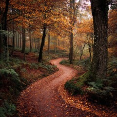 Obraz premium A winding forest path 135 covered with fallen autumn leaves -