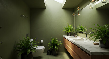 Fototapeta premium Modern Biophilic Bathroom Interior: Green Walls, Skylight, Double Vanity, and Lush Potted Plants