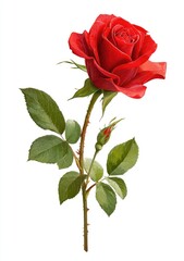 Single red rose with leaves and bud, isolated on white