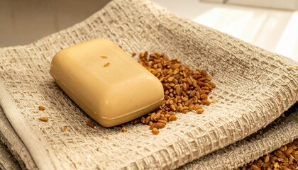 Beige soap bar on textured towel with grains, suggesting natural, exfoliating skincare